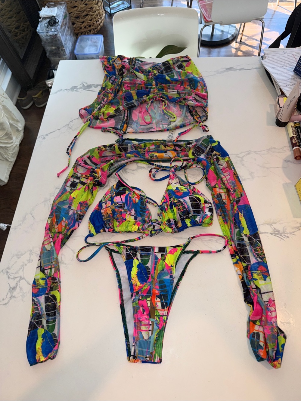 SHEIN Neon Abstract Long Sleeve Bikini Set - Pink, Green, Blue - Picture 2 of 2